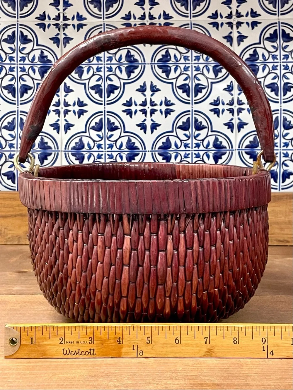 Vintage Chinese Lacquered Woven Harvest Basket Wooden Handle Asian Rustic Decor